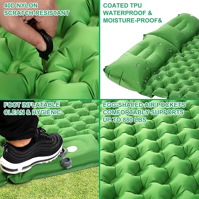 WANNTS Double Sleeping Pad, Ultralight Inflatable Sleeping Pad for Camping, Built-in Pump, Ultimate for Camping, Hiking - Airpad, Carry Bag, Repair Kit - Compact & Lightweight Air Mattress(Green)