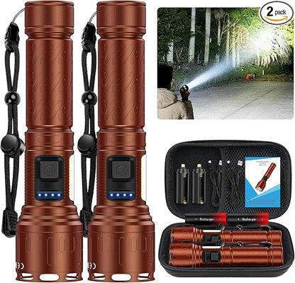 Flashlights 100,000 High Lumens Rechargeable - Super Bright LED Magnetic Flashlight with Sidelight 8 Modes Waterproof Powerful Handheld Flash Light for Emergency (2 Pack with Leather Box, Brown)
