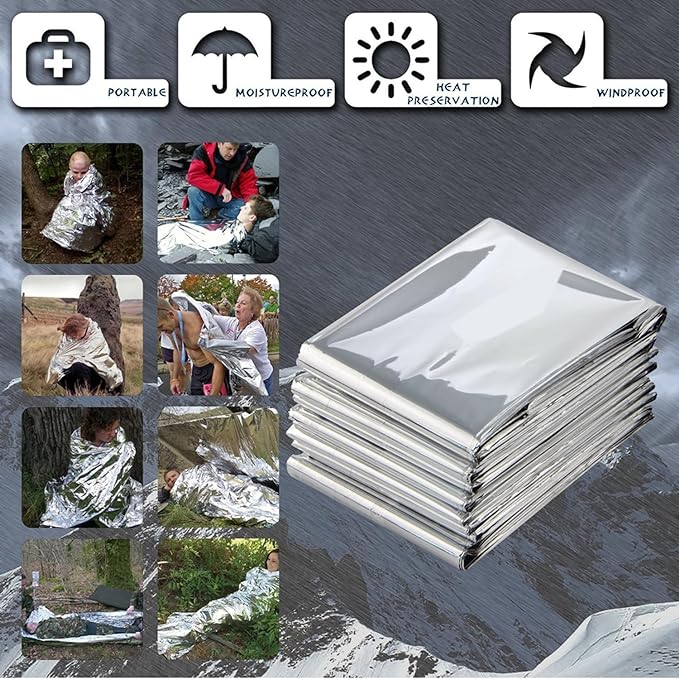 Emergency Foil Blanket (Pack of 50), Survival Thermal Mylar Blankets Individually Packaged Perfect for Outdoors, Hiking, Survival, Marathons or First Aid