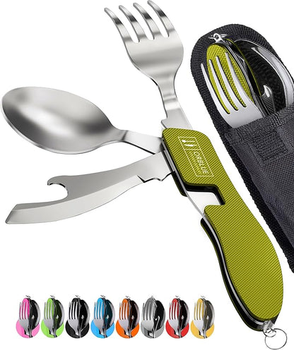 Orblue 4-in-1 Camping Utensils, 2-Pack, Portable Stainless Steel Spoon, Fork, Knife & Bottle Opener Combo Set - Travel, Backpacking Cutlery Multitool, Neon Green