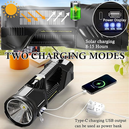 Solar Flashlight,1800 Lumens 6 Modes LED Spotlight Flashlight with Solar Panel, Rechargeable Portable LED Searchlight for Outdoor Hunting Fishing Camping Emergency