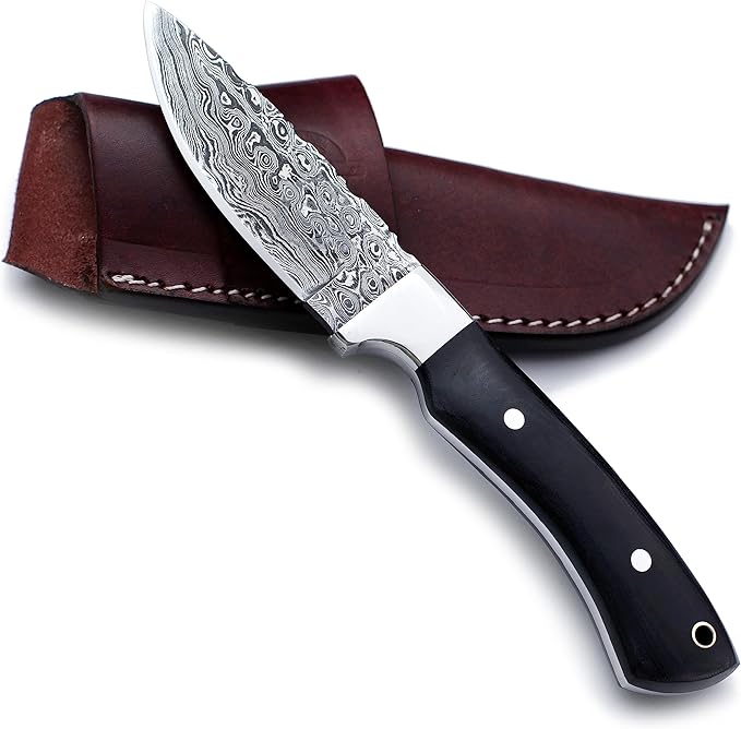 Handmade Damascus Steel Knife for Hunting, Survival,Camping,Bushcraft,and Fishing- Fixed Blade Dagger with Drop Point Full Tang Micarta Handle, Leather Sheath - WKD-802
