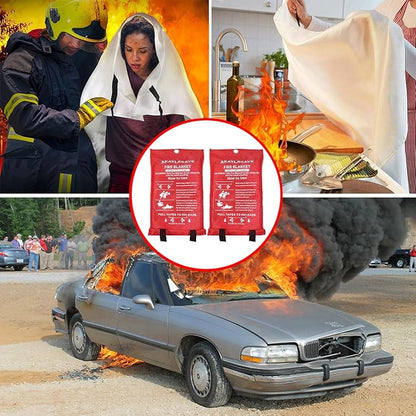 Fire Blanket for Kitchen Home Emergency - Fiberglass Blankets Fire Survival Suspension Flames Retardant Extinguisher Great for Stove Car Garage Office Camping Caravan Safety (2Pcs)