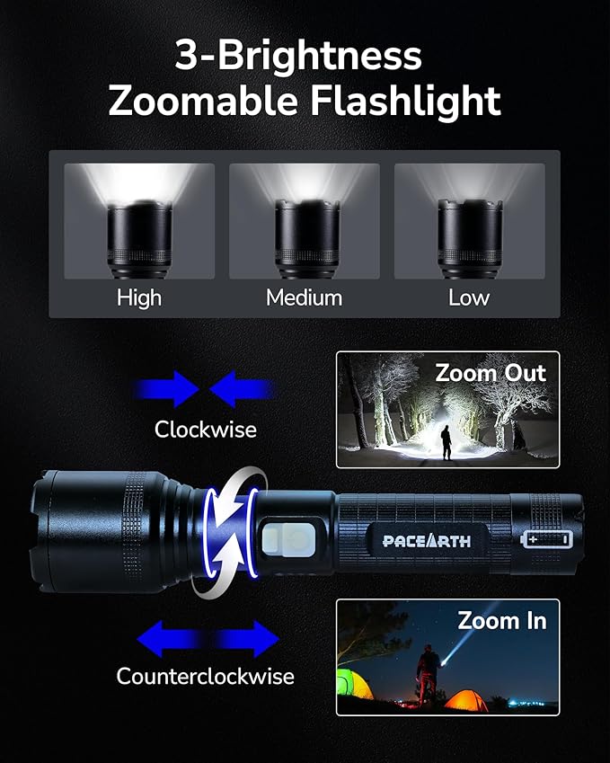 PACEARTH Tactical Flashlights High lumens, Rechargeable Flashlights with 5 Modes LED Flashlight Adjustable, Zoomable Waterproof 2000LM Brightest Flashlight for Emergencies, Camping, Hiking