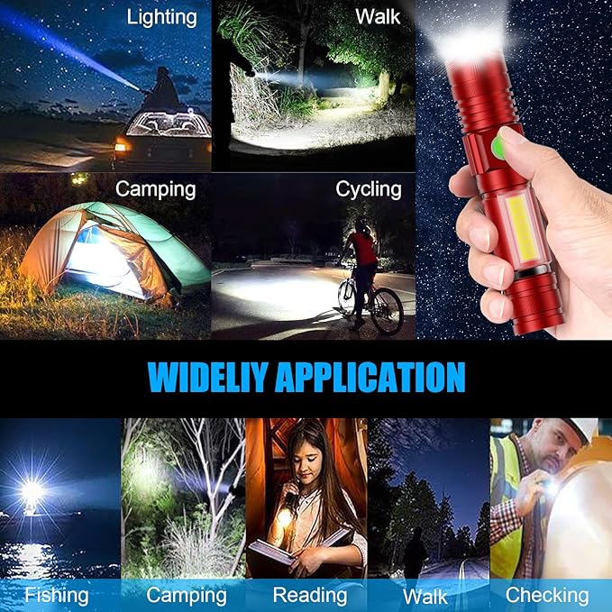 Flashlight USB Rechargeable, Magnetic LED Flashlight, Super Bright LED Tactical Flashlight with Cob Sidelight, 2000LM, Waterproof, Zoomable Best Small LED Flashlight for Camping, Emergency -Red