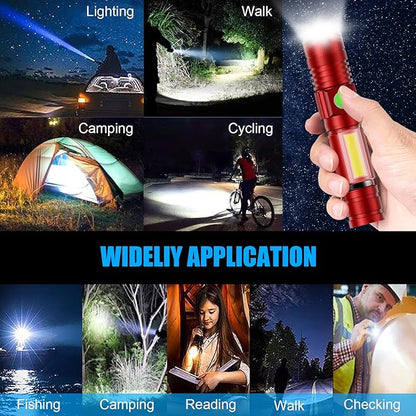 Flashlight USB Rechargeable, Magnetic LED Flashlight, Super Bright LED Tactical Flashlight with Cob Sidelight, 2000LM, Waterproof, Zoomable Best Small LED Flashlight for Camping, Emergency -Red