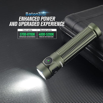 OLIGHT Baton3 Pro Rechargeable Flashlights, 1500 Lumens EDC Flashlight with MCC3, Compact Pocket Flashlight with L-Shape Stand and High-Performance LED for Camping and Emergency (OD Green Cool White)