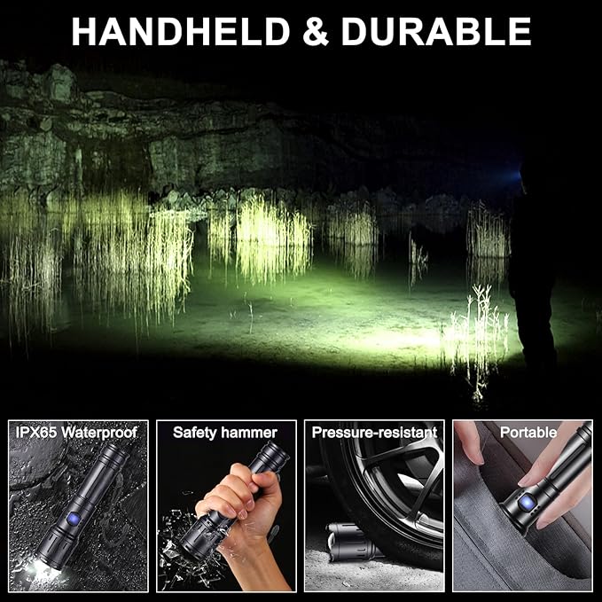 Flashlights High Lumens, 3500 Lumen Rechargeable flashlights, Flash Light with Five Modes, Super Bright Flashlight, Zoomable for Outdoors