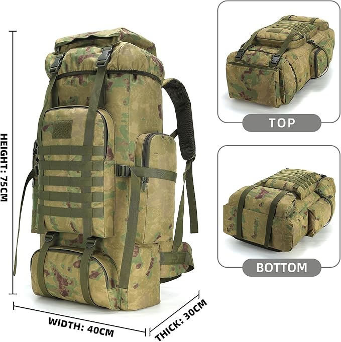 70L Camping Hiking Military Tactical Backpack Outdoor Water-Repellent Adjustable Sport Bags