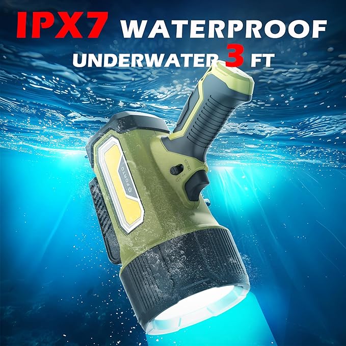 FORTO Rechargeable Spotlight Flashlight with 2000 Lumens, Handheld Spotlight with Foldable Stand, 6 Light Modes IPX7 Waterproof LED Spot Lights Outdoor for Boating Hunting Hiking(Spring Green)