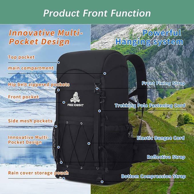 Bseash 40L Waterproof Hiking Backpack with Rain Cover, Outdoor Sport Travel Bag Daypack for Camping Climbing Cycling Skiing (Black)