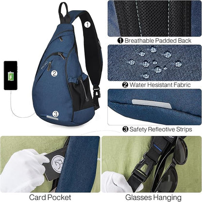 Hanke Sling Bag Men Backpack Unisex One Shoulder Bag Hiking Travel Backpack Crossbody with USB Port Versatile Casual Daypack