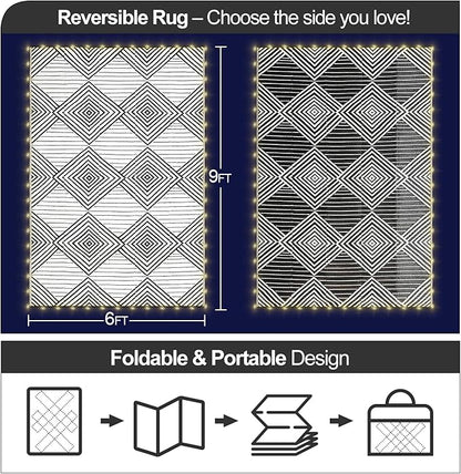 6x9ft Waterproof Outdoor Rug with LED Lights, Foldable Reversible Plastic Straw Mat for Patio RV Camping Picnic Balcony Beach Deck Indoor Outdoor Carpet, Black&White