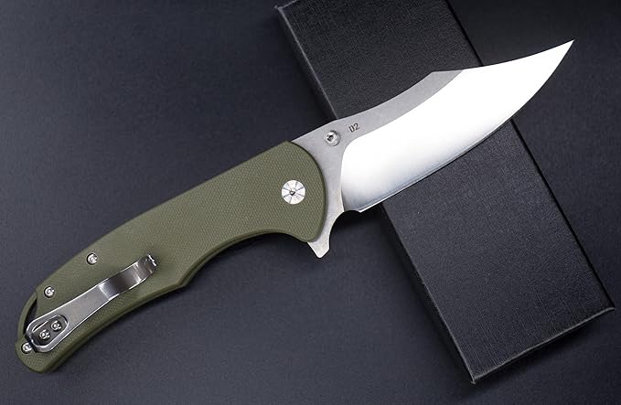FD04 Folding Pocket Knife, D2 Steel Blade G10 Handle and Button Lock EDC Pocket Cool Knife for Men and Women, Camping Hunting Hiking Fishing Knives Tools (Green Clip)