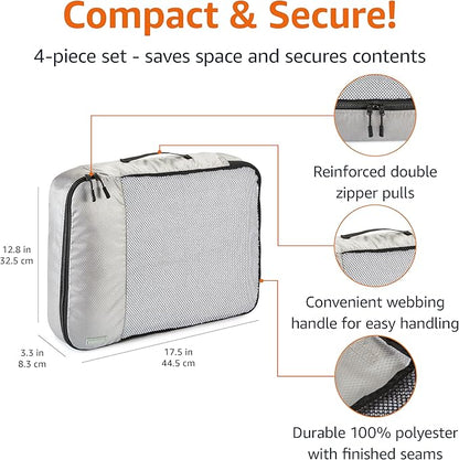 Amazon Basics 4 Piece Packing Cubes Travel Organizer Set with Double Zipper, Mesh Top, Large, Gray