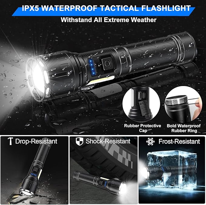 Rechargeable Magnetic Flashlights 100,000 High Lumens, Super Bright LED Powerful Flashlight 8 Modes with COB Work Light, Waterproof Handheld Flash Light for Camping (1 Pack with Paper Box, Black)
