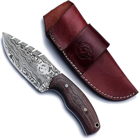 Handmade Damascus Steel Knife for Hunting,Survival,Camping,Bushcraft,and Fishing-Fixed Blade Drop Point with Saw back Full Tang Micarta Handle with Cowhide-Leather Sheath - WKD-773