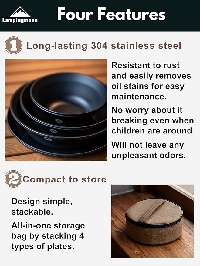 CAMPINGMOON Camping Plates 8pcs Black BKS395-2S