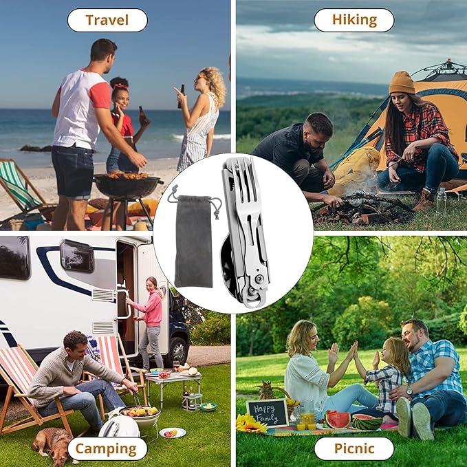 HONZIN Camping Utensil Set 5-in-1 Multi Functional Folding Flatware Set, Pocket Utensil Set Portable Detachable Stainless Steel Knife Spoon Fork Bottle Opener, Can Opener Combo Set with Carrying Bag
