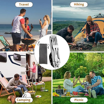 HONZIN Camping Utensil Set 5-in-1 Multi Functional Folding Flatware Set, Pocket Utensil Set Portable Detachable Stainless Steel Knife Spoon Fork Bottle Opener, Can Opener Combo Set with Carrying Bag