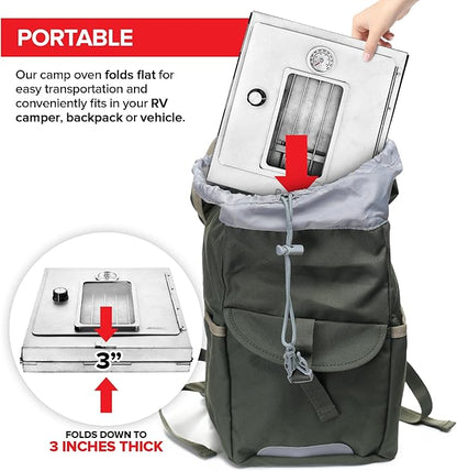 Modern Innovations Portable Camping Oven, Folding Camping Stove for Baking Cinnamon Rolls, Breads, and Muffins, Outdoor Portable Oven for Use with Wood Burning Fire, Propane Stoves, Campers, and More