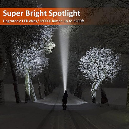 Samyoung Spotlight 120000 Lumen Super Bright, 10000 mAh 30 Hours LED Rechargeable Flashlights, IP65 Waterproof Rechargeable Spotlight Come with Collapsible Tripod & Strip for Hunting Boat Camping