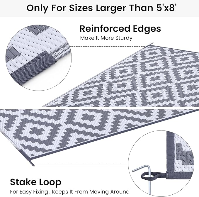 Smiry Waterproof Outdoor Rug 9x12 ft, Reversible Plastic Straw Patio Camping Rugs, Outdoor Indoor RV Mat Carpet for Patio, Outside Entry, Backyard, Deck, Bench, Picnic, Camper, White & Grey
