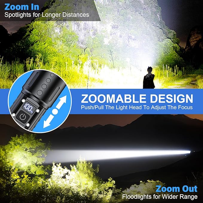 Flashlights High Lumens Rechargeable - 20,000 Lumens Super Bright Tactical LED Flash Light, Dimmable&Memory Function Powerful Waterproof Flashlight for Camping,6 Modes,Zoomable,LCD Display (2, Black)