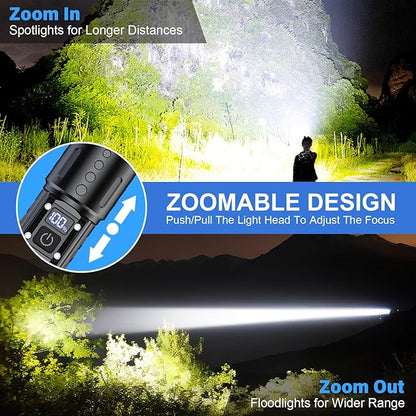 Flashlights High Lumens Rechargeable - 20,000 Lumens Super Bright Tactical LED Flash Light, Dimmable&Memory Function Powerful Waterproof Flashlight for Camping,6 Modes,Zoomable,LCD Display (2, Black)