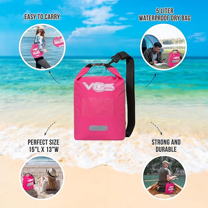 VOS Waterproof Premium Dry Bag - 5L | All-purpose Bag Lightweight Dry Storage Bag Backpack for Travel, Swimming, Boating, Kayaking, Camping, Beach (Pink)
