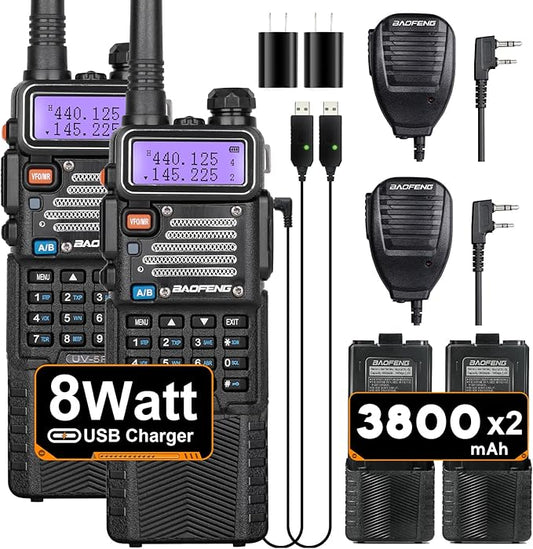 BAOFENG UV-5R Ham Radio 8W Dual Band 144-148＆420-450Mhz，3800mAh Rechargeable Handheld Two Way Radio with MIC (2Pack)
