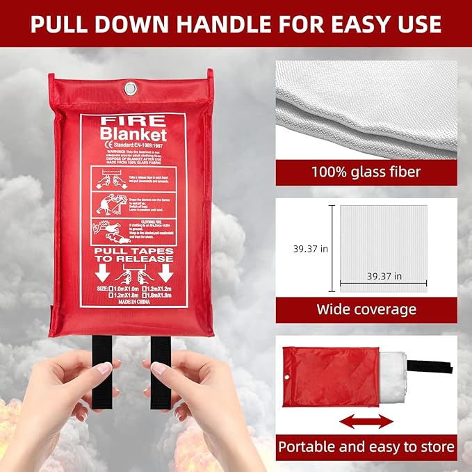Emergency Fire Blanket (4 Pack, 40 in X 40 in) + 4 Hooks & 1 Gloves, Fiberglass Fireproof Fire Blanket for Home and Kitchen, Camping, Grill, Car, Warehouse