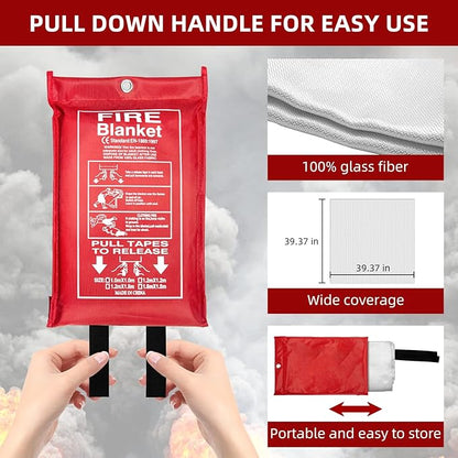 Emergency Fire Blanket (4 Pack, 40 in X 40 in) + 4 Hooks & 1 Gloves, Fiberglass Fireproof Fire Blanket for Home and Kitchen, Camping, Grill, Car, Warehouse