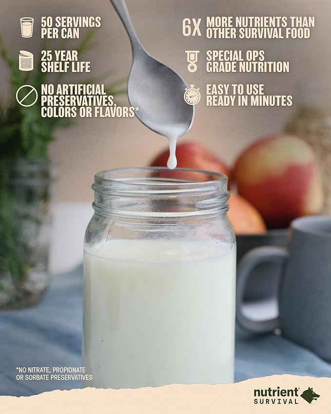 Nutrient Survival Vitamin Powdered Milk, Freeze Dried Prepper Supplies & Emergency Food Supply, 21 Essential Nutrients, Soy & Gluten Free, Shelf Stable Up to 25 Years, One Can, 60 Servings