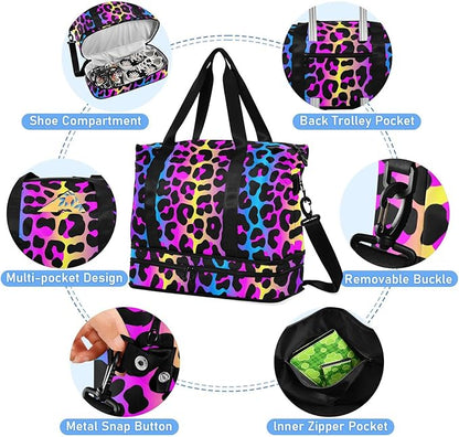 senya Weekender Bag for Women, Leopard Print Cheetah Neon Gradient Gym Sports Duffle Travel Tote with Toiletry Shoes Compartment Dry/Wet Separation Swim Bag