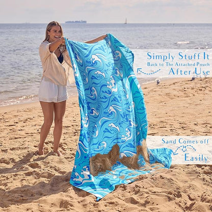 WEKAPO Beach Blanket Waterproof Sandproof Oversized Extra Large Sand Free Beach Mat with Stakes, Storage Bag - Essentials for Outdoor Beach, Picnic (Blue Ocean Waves, 8 X 7 FT (1~4 Person))