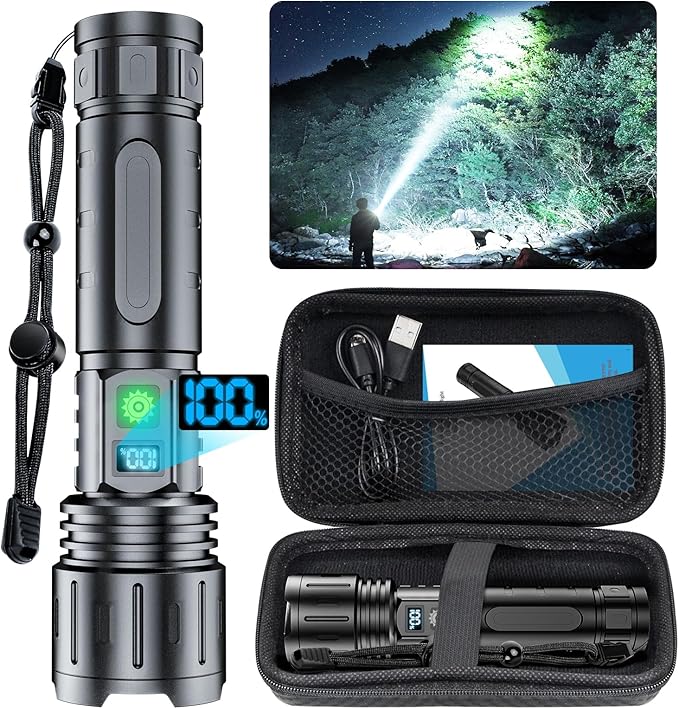 Flashlights 20000 High Lumens Rechargeable - 1500 Meters Long Beam Super Bright LED Flash Light with Power Display & IPX5 Waterproof for Camping, 20H Runtime,5 Modes,Zoomable Handheld Flashlight