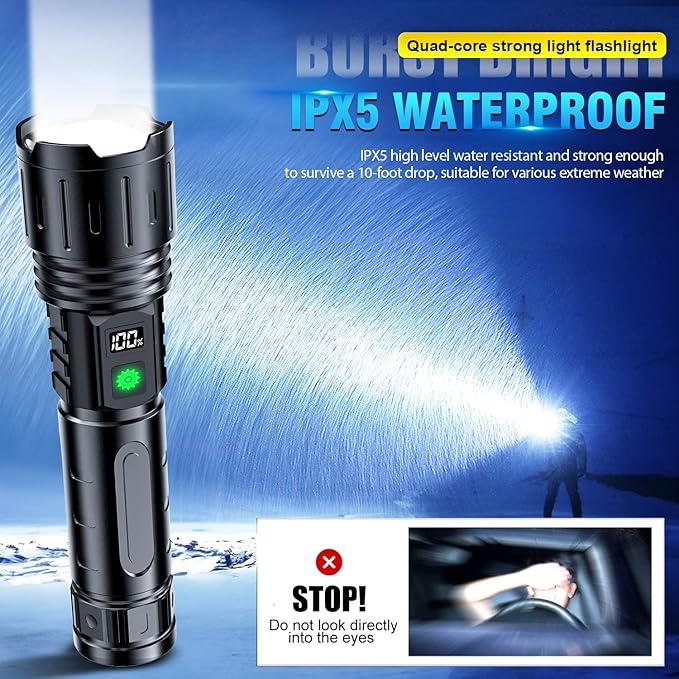 Flashlights 20000 High Lumens Rechargeable - 1500 Meters Long Beam Super Bright LED Flash Light with Power Display & IPX5 Waterproof for Camping, 20H Runtime,5 Modes,Zoomable with Belt Holsters