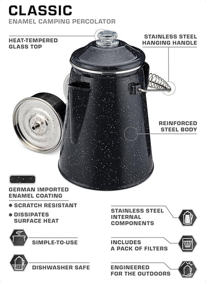 COLETTI Classic Percolator Coffee Pot — Camping Coffee Percolator, Campfire Coffee Pot – Camping Percolator for Groups — Brew for the Whole Campsite (Black, 18 Cup)