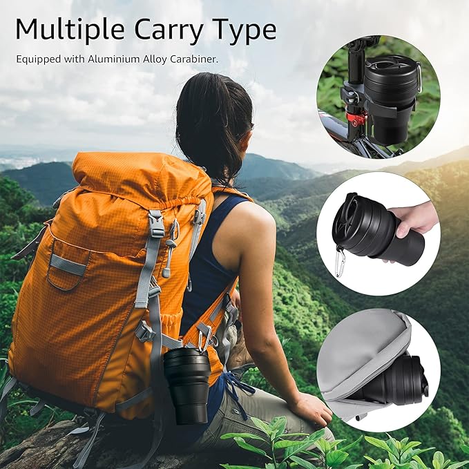 Collapsible Coffee Cup, 16 OZ 480ml Silicone Folding Camping Cup, Leak Proof BPA Free Portable Cup, Travel mug with Lids for hiking (Black)