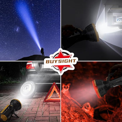 BUYSIGHT Rechargeable Spotlight Flashlight, 1000,000 lumens 600 Yards Range IP65 Waterproof Spot Lights Handheld Large searchlight with red Lens Side Flood Light Light USB C Recharge (Yellow Plus)