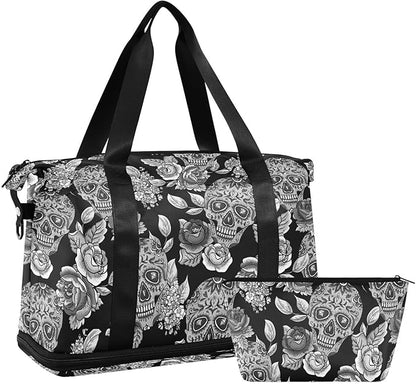 Skull Weekender for Women, Gym Sports Duffle With Flowers, Travel Tote With Toiletry Bag, Shoes Compartment, Dry/Wet Separation Swim Bag