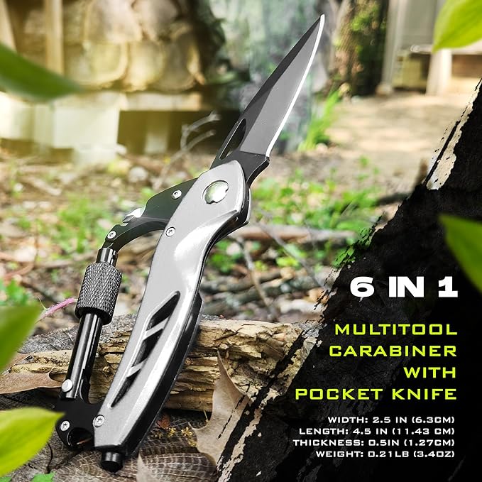 2-Pack Outdoor Carabiner Multitool, Carabiner Knife, EDC Pocket Knife Survival Gear with Glass Breaker