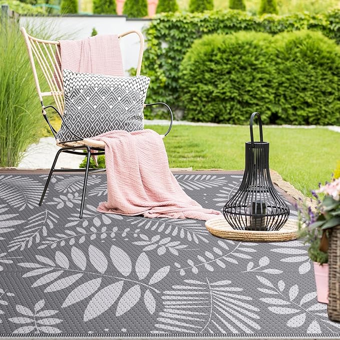 Outdoor Rug, Patio Rug, Plastic Straw Camping Rugs, Large Waterproof Area Rug and Mat for Outdoors, RV, Patio, Backyard, Deck, Porch, Beach, Balcony, (4'x 6', White&Gray)