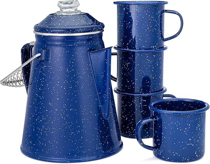 COLETTI Classic Percolator Coffee Pot & Enamel Mug Set — Camping Coffee Pot, Enamel Coffee Mug – Complete Nostalgic Bundle – German Imported Enamel Powder [Blue, 12 Cup] [12 oz, Set of 4]