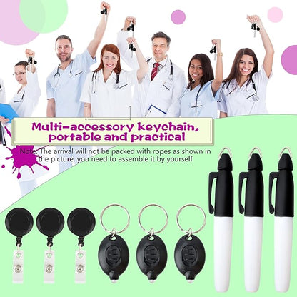 24 Pcs Mini LED Keychain Flashlights Permanent Marking Pens Badge Reel Mini LED Keychain Black Keychain Marker Pen