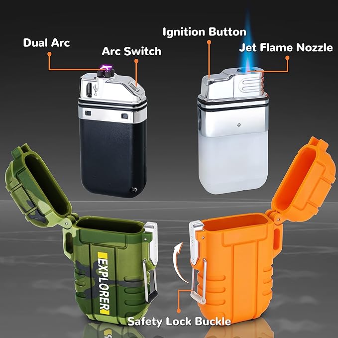 2 Pack Waterproof Outdoor Lighter Plasma Lighter Windproof Torch Lighter Dual Arc Lighter Electric Lighter USB Rechargeable Lighter Flameless EDC Camping Adventure Survival Tactical Gear