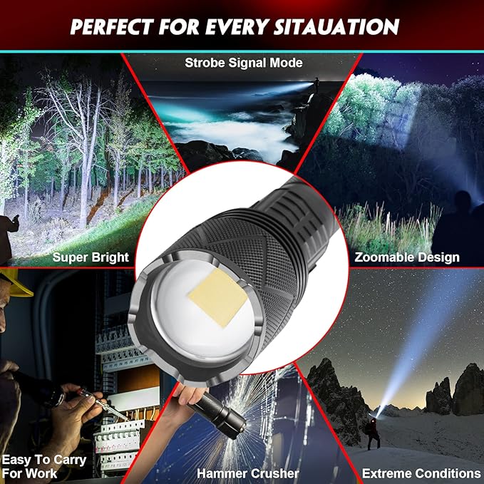 LED Torch High Lumen, Powerful 8000 Lumen Super Bright Torch with USB Cable, Multifunctional Promise Dimming Zoomable Waterproof Tactical Torch for Hunting, Fishing Outdoor Camping