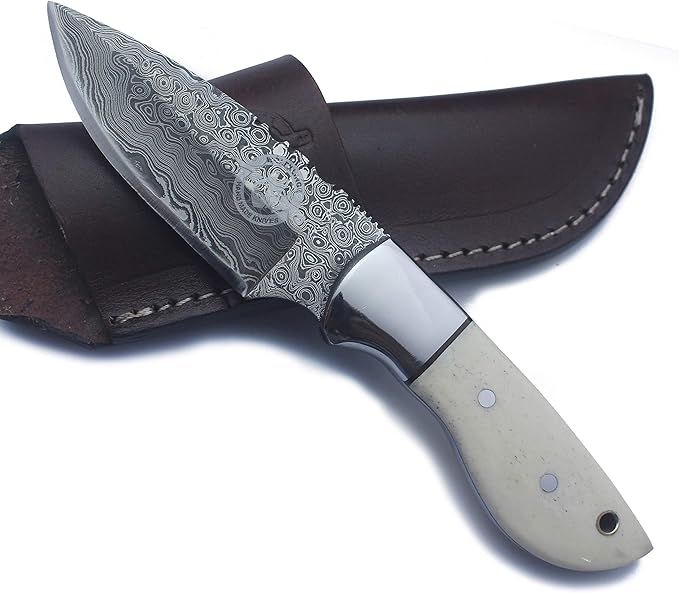 Handmade Damascus Steel Fixed Blade Bowie Knife Ideal for Edc,Fishing,Hunting,Camping,Bushcrafting Skinning and Survival with Full Tang Camel Bone Handle with Cowhide-Leather Sheath-DCX17-7