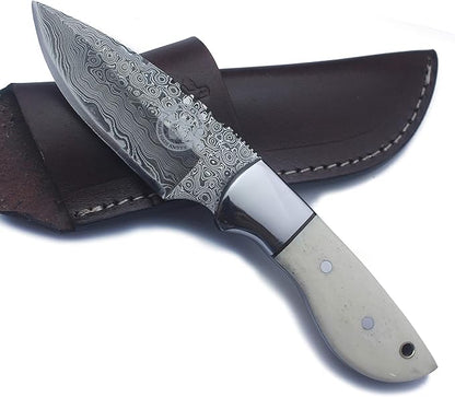 Handmade Damascus Steel Fixed Blade Bowie Knife Ideal for Edc,Fishing,Hunting,Camping,Bushcrafting Skinning and Survival with Full Tang Camel Bone Handle with Cowhide-Leather Sheath-DCX17-7